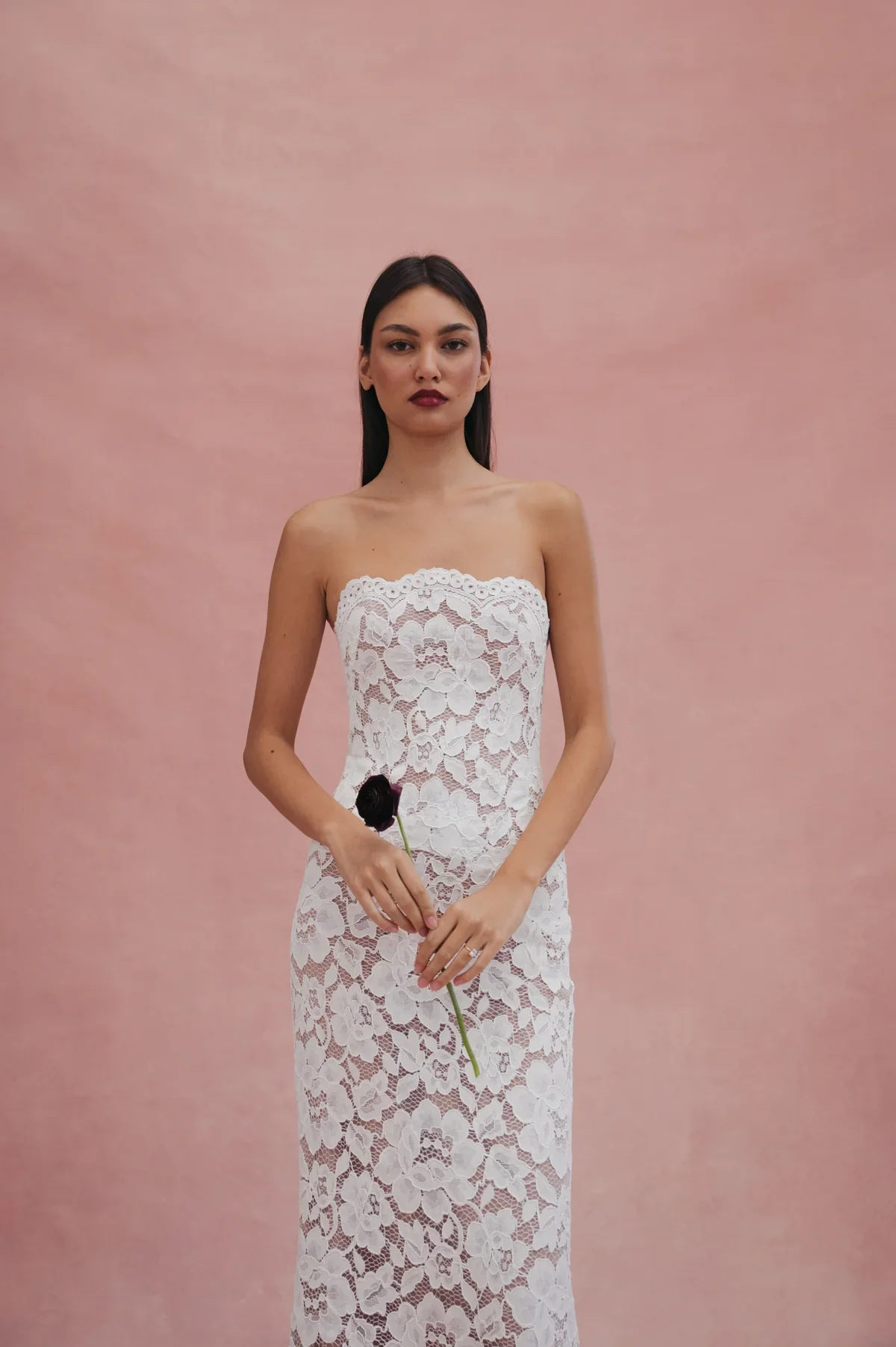 The Luca gown is strikingly simple, yet beautifully romantic. The corseted bodice, hidden waist seam and slim fit and flare skirt create a statuesque silhouette.