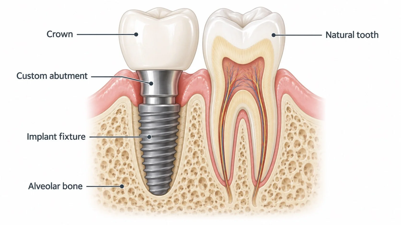 Labelled comparison of an implant and a natural tooth