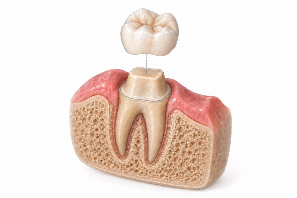 Illustration of a crown above a natural molar that has been shaped to receive it, with the roots shown in the bone