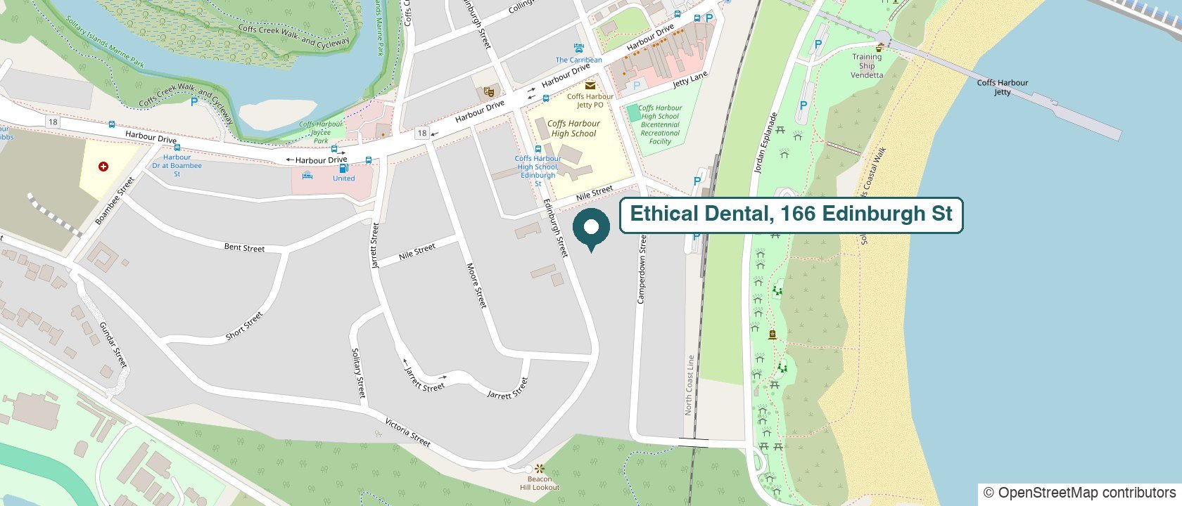 Map showing Ethical Dental at 166 Edinburgh Street, Coffs Harbour. Opens our Google listing.