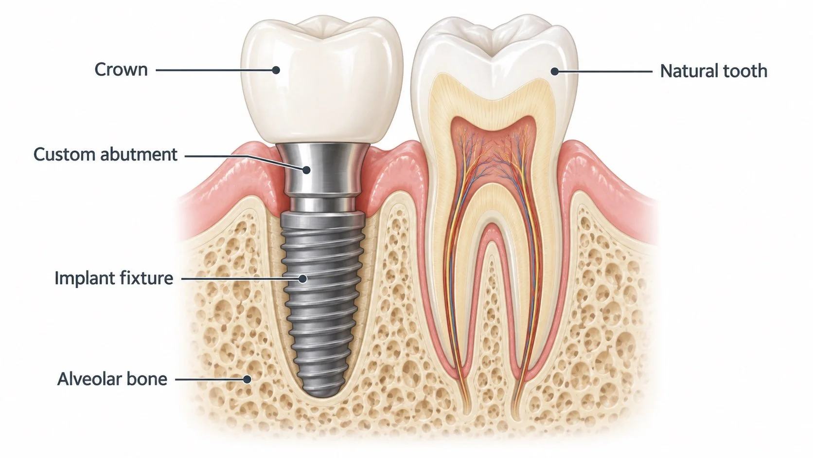 Labelled cross-section comparing a dental implant with a natural tooth: crown, custom abutment and implant fixture in the alveolar bone beside a natural tooth and root