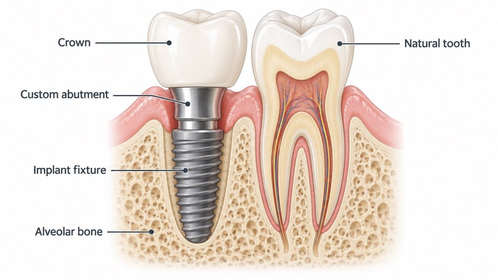 Labelled comparison of an implant and a natural tooth