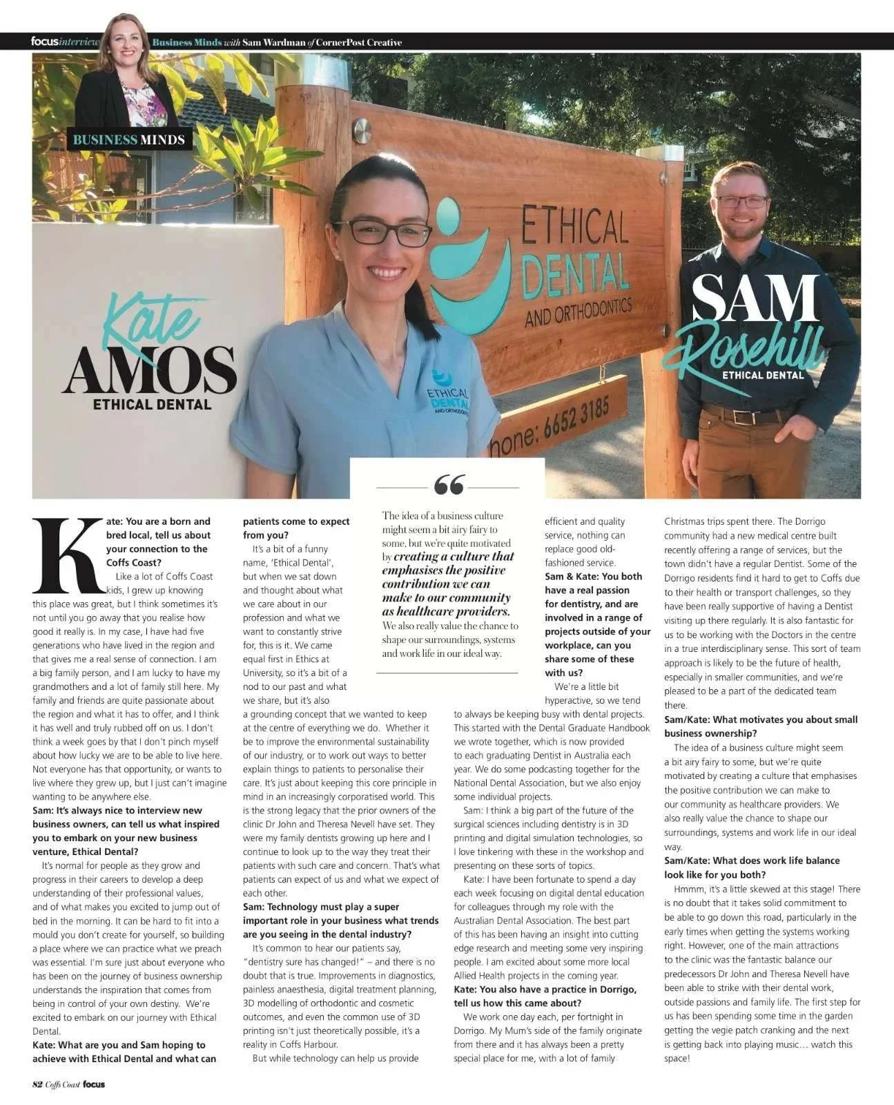 Magazine spread featuring Dr Kate Amos and Dr Sam Rosehill outside the clinic