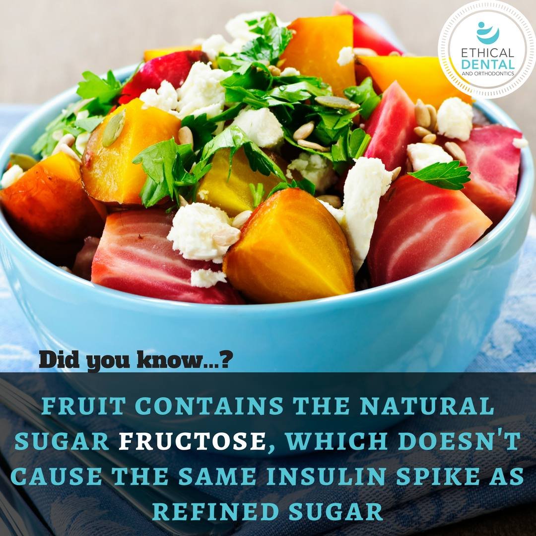 Bowl of beetroot and feta salad under a caption about fruit fructose