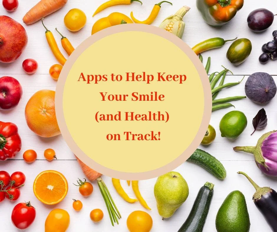 Border of fresh fruit and vegetables around a title card about health apps