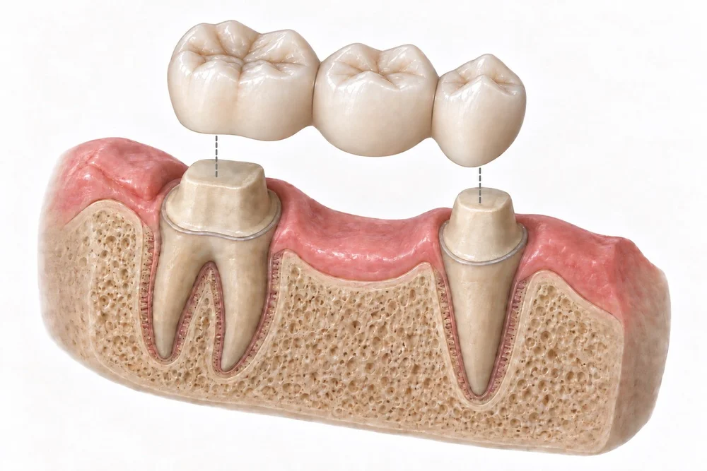 Illustration of a three-unit bridge: a replacement tooth joined to crowns on the shaped teeth either side of the gap