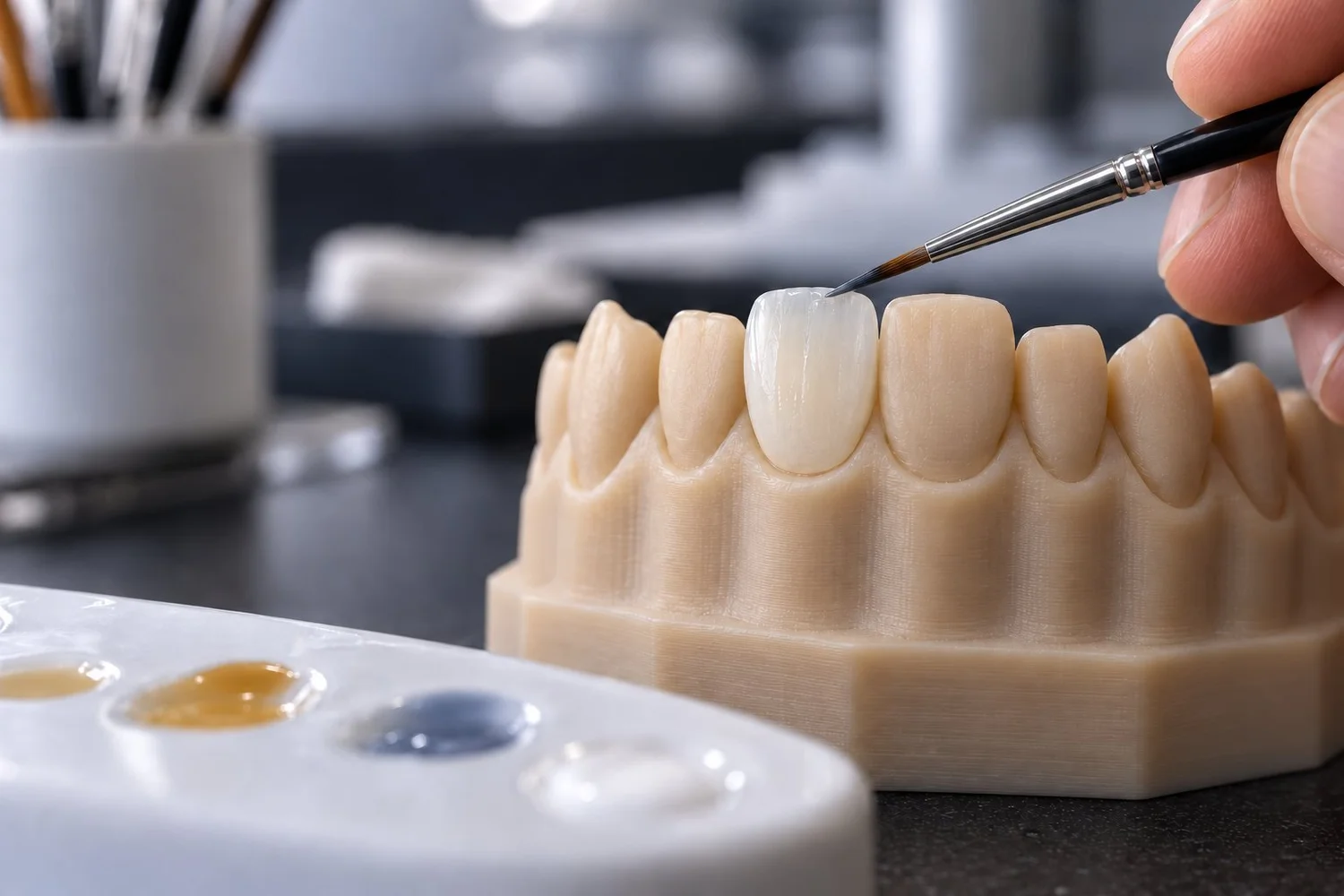 Illustration: colouring the edge of a ceramic veneer by hand