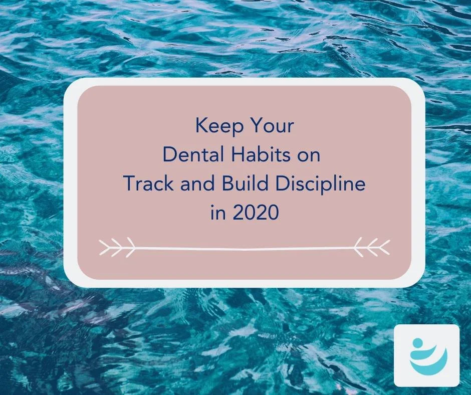 Turquoise ocean water behind a pink panel about keeping dental habits on track