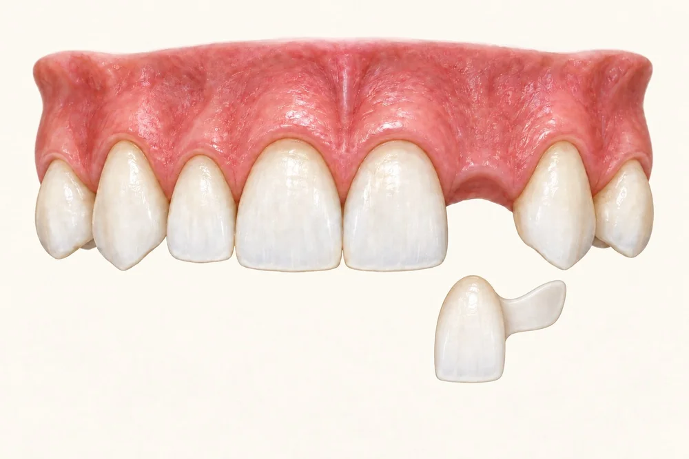 Illustration of a Maryland bridge: a replacement front tooth with a thin wing that bonds to the back of the tooth beside the gap
