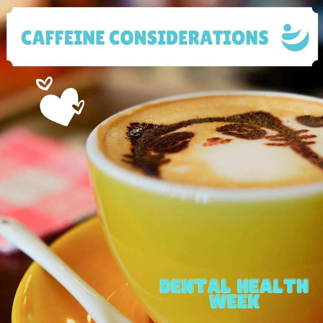 Cup of coffee with latte art beneath a Caffeine Considerations banner