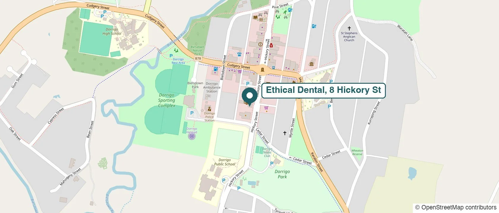 Map showing Ethical Dental at 8 Hickory Street, Dorrigo. Opens our Google listing.