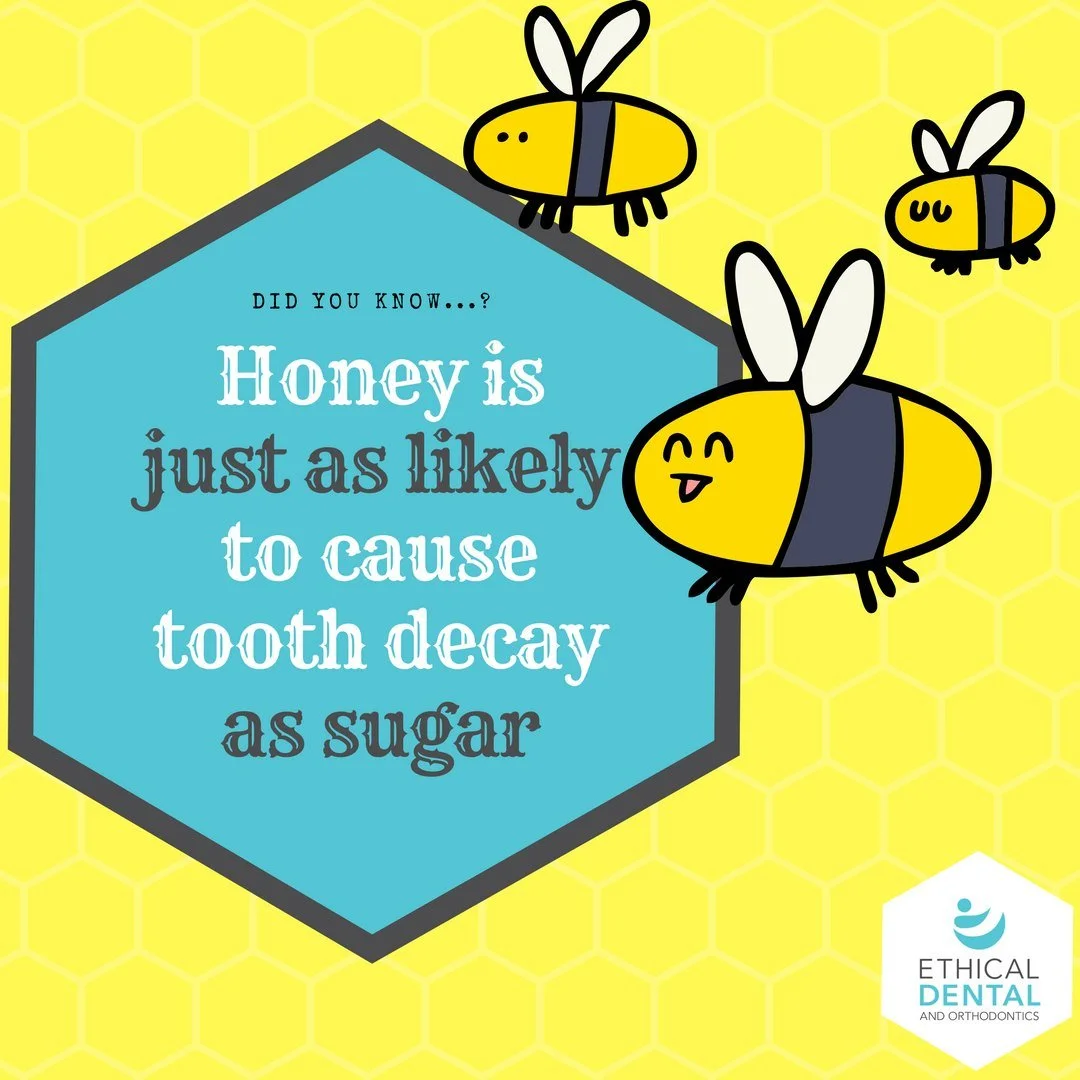 Cartoon bees around a caption that honey causes decay like sugar