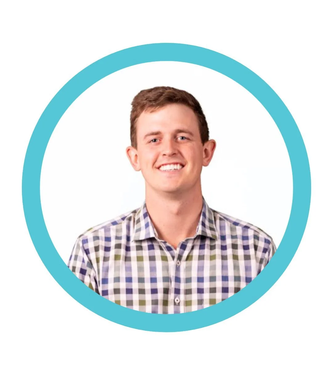 Portrait of Dr James Taylor in a checked shirt inside a teal circle
