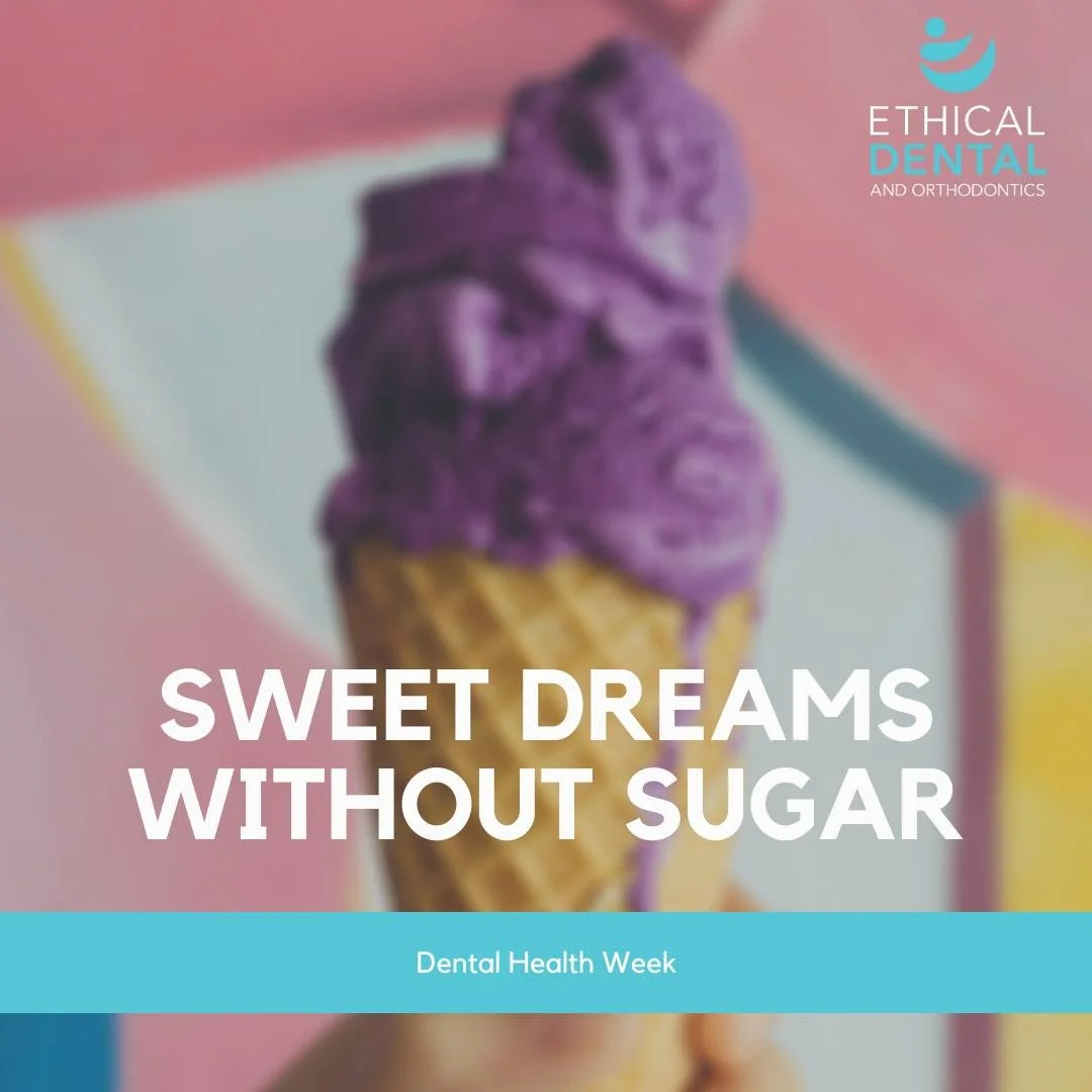 Purple ice cream cone beneath a Sweet Dreams Without Sugar caption