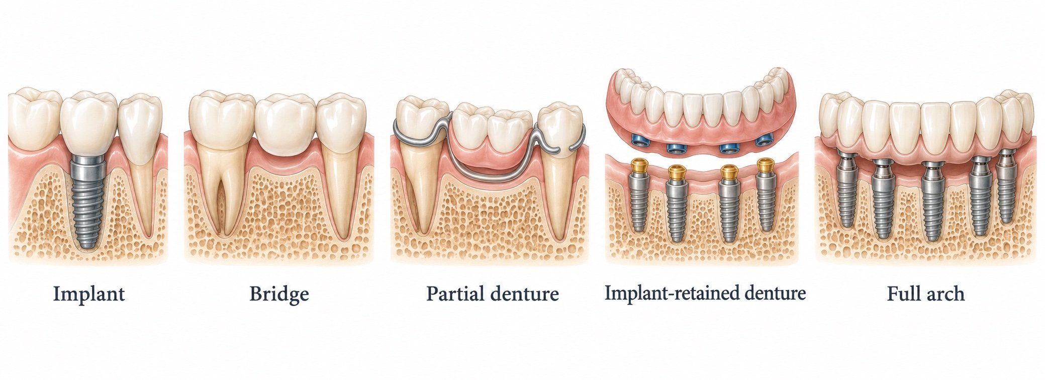 Five ways to replace missing teeth: single implant, bridge, partial denture, implant-retained denture and a full arch on implants.