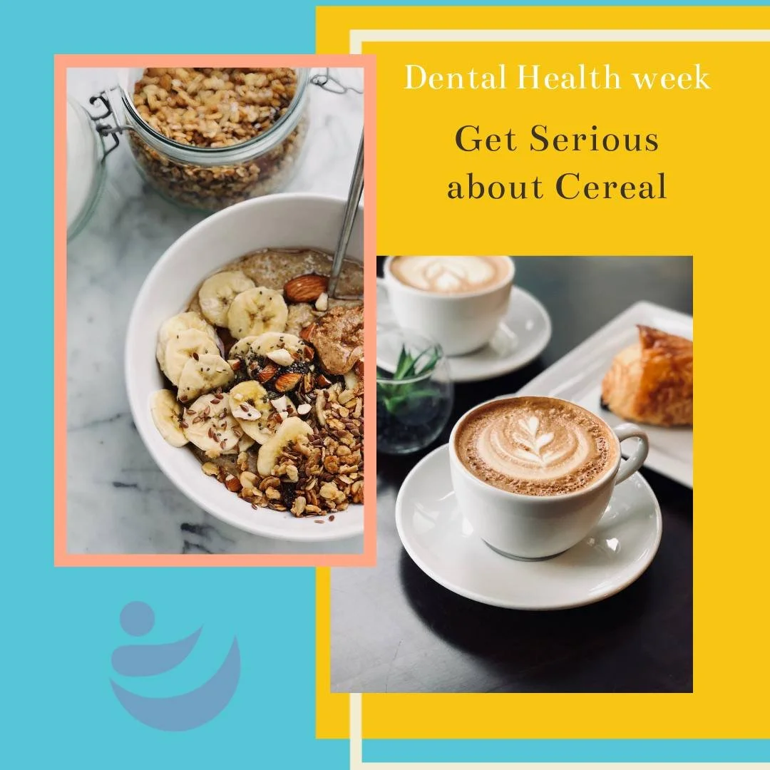 Get Serious About Cereal card showing a muesli bowl and a latte