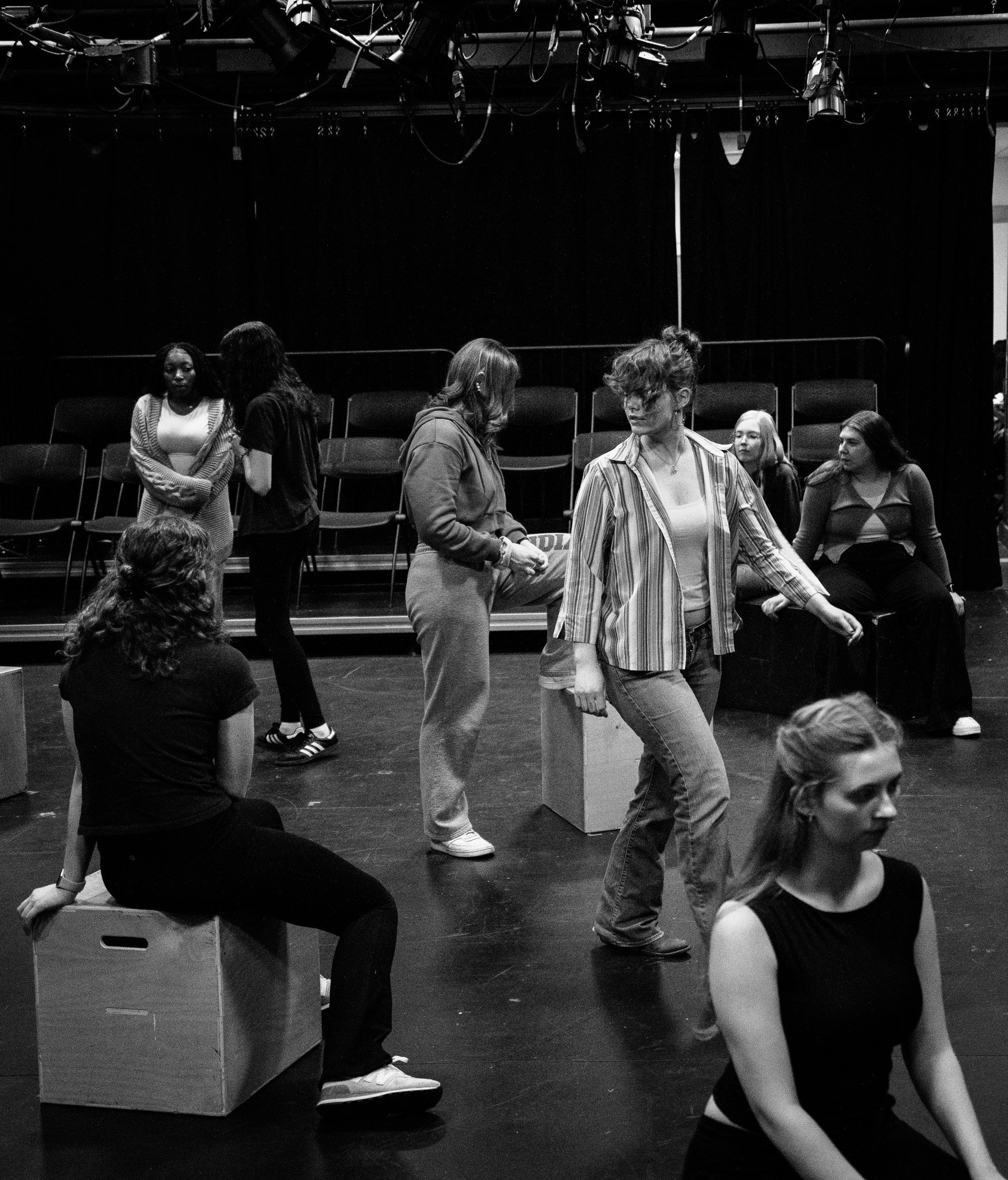 Rileigh Belle Wine and the cast of 'Decision Height' getting into places to practice the transition from the opening scene to next on March 28th, 2025.