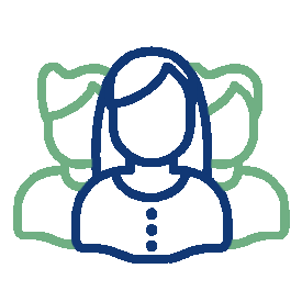 Line drawing of a woman with shoulder-length hair, surrounded by three other people in the background.