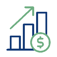 A bar graph showing increasing bars with an upward arrow, accompanied by a dollar sign, representing financial growth or profit increase.