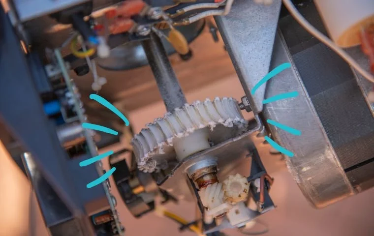 Close-up of a worn garage door motor gear showing damage that can cause grinding or clicking noises during operation.