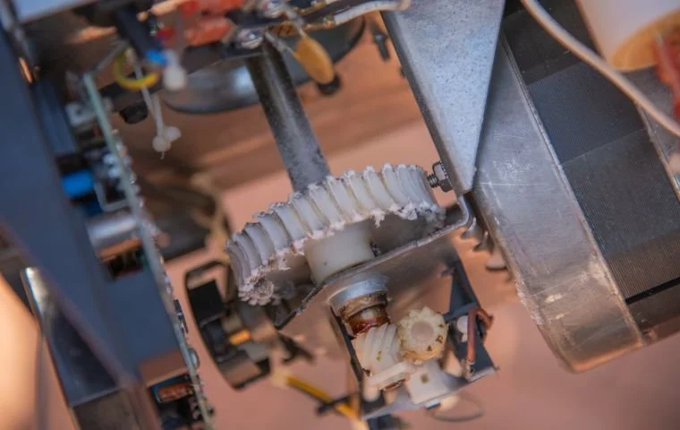Close-up of worn internal gears inside a damaged garage door motor, showing why professional diagnosis and genuine Merlin parts from a local dealer are essential.