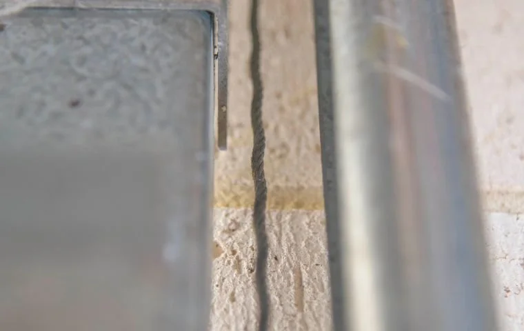 Close-up of a frayed garage door cable between metal tracks, showing wear and damage that can cause unsafe garage door operation in Bunbury homes.