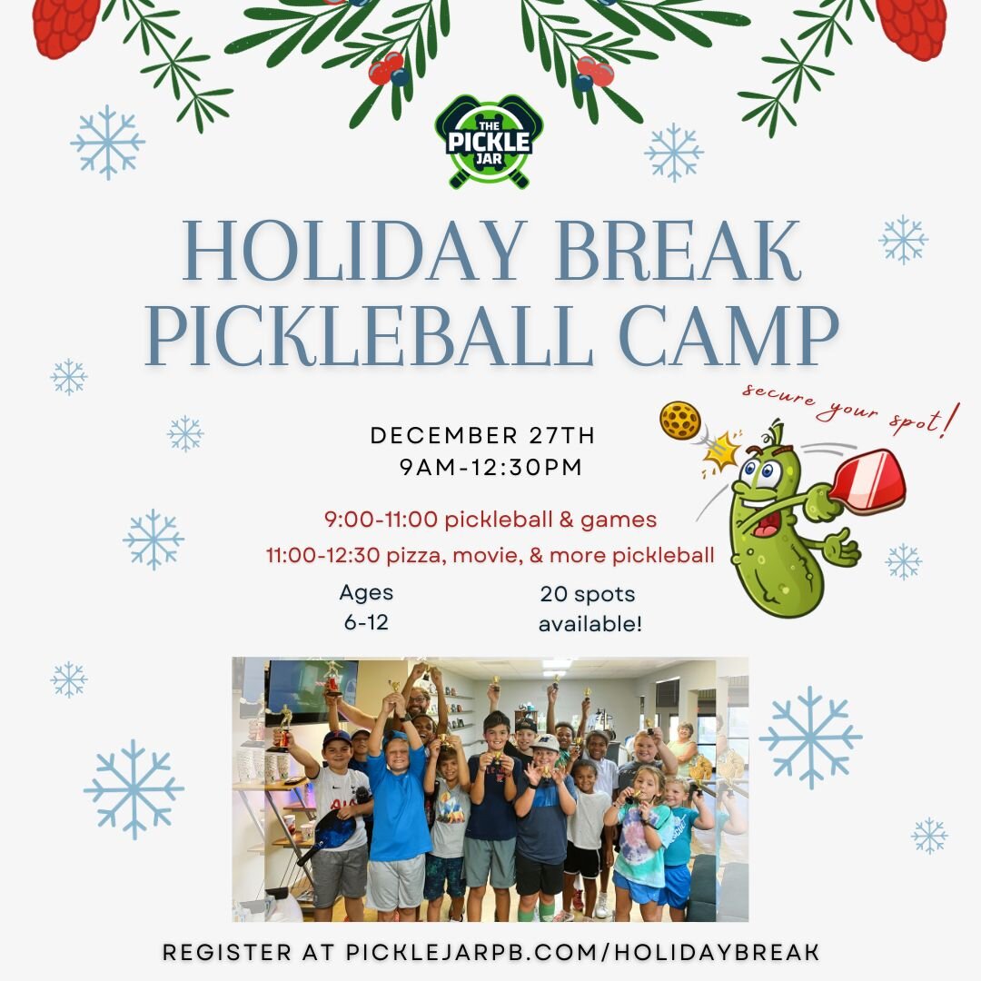 This one&rsquo;s for the parents!🤩 Join us for our Holiday Break Junior Pickleball Camp, where young athletes can develop their skills, make new friends, and create lasting memories! 
📅 December 27th, 9:00AM-12:30PM
📍The Pickle Jar, Indoor Pickleb