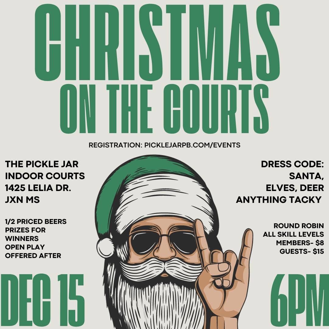 Join us Dec.15th for CHRISTMAS ON THE COURTS! Grab your paddles, put on your Christmas gear, and join us for an evening full of festive fun on the courts! *Limited Spots | Registration: picklejarpb.com/events
#DinkTheHalls #Christmasonthecourts #pick