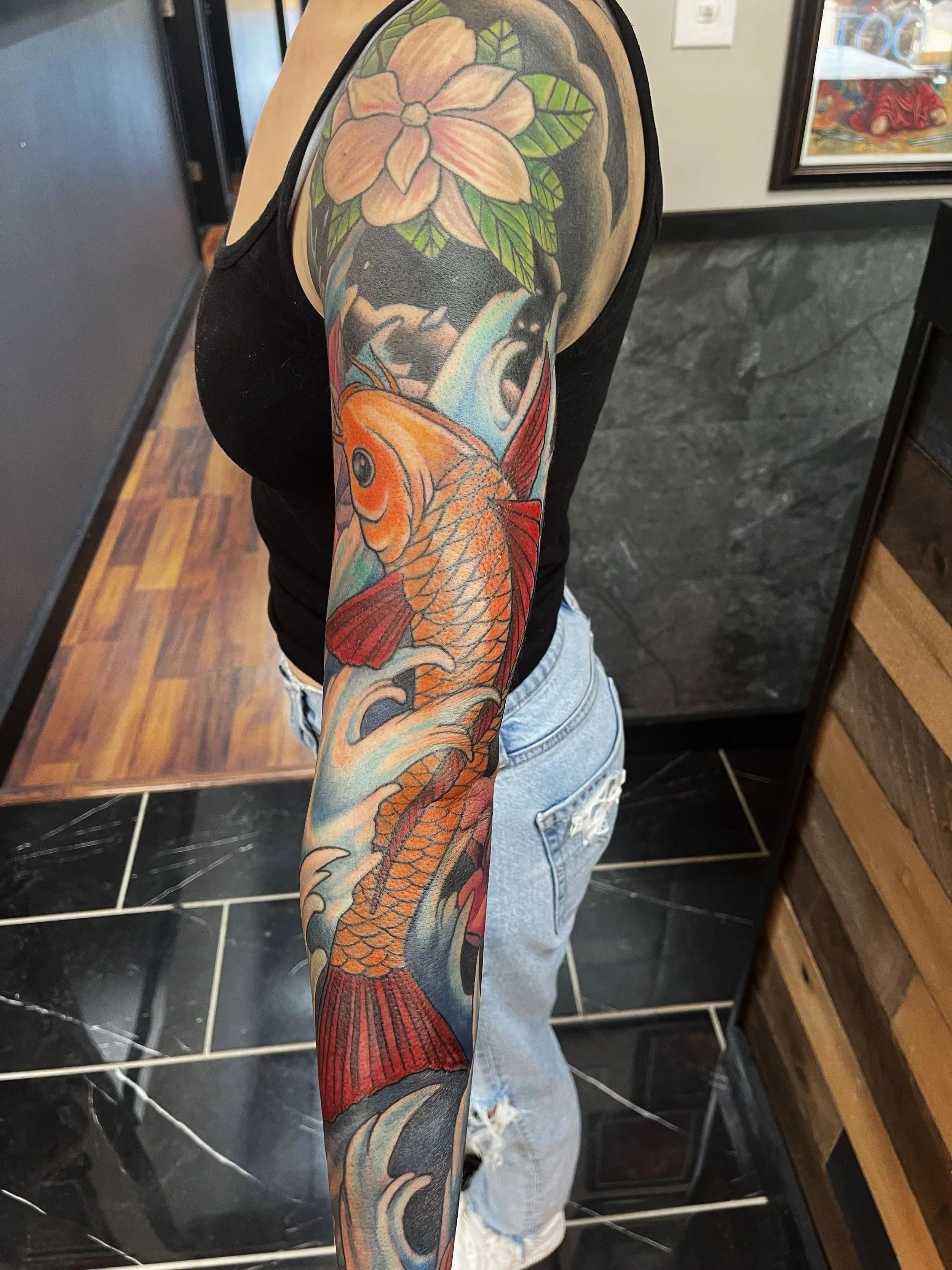 Japanese Sleeve,  Koi and waves working around the existing flower at the top- Color