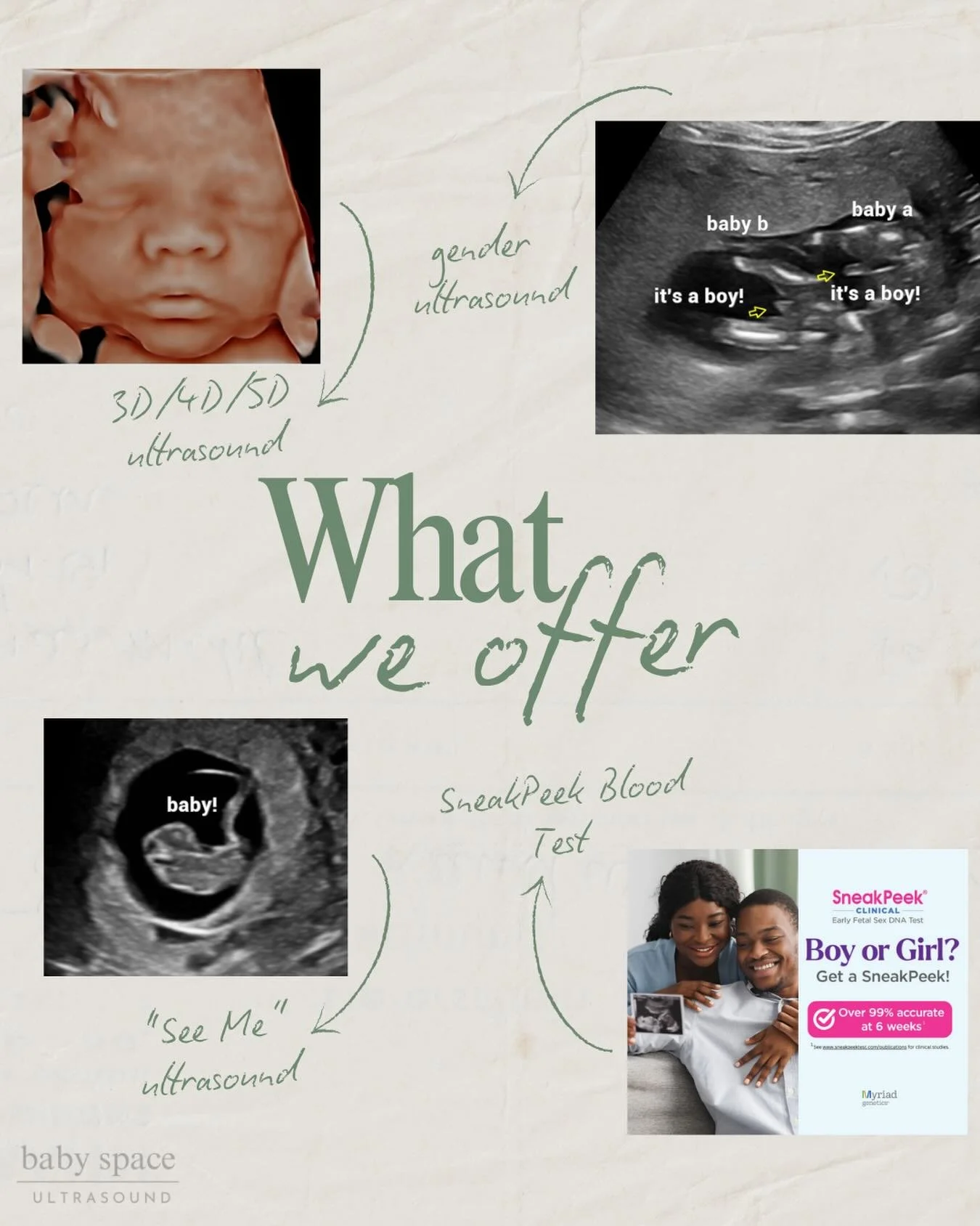 ✨ Peace of Mind, Anytime ✨

Want to see your baby whenever you&rsquo;d like? We&rsquo;ve got you covered! 💕
We offer:
👶 3D Ultrasounds
💙💗 Gender Reveals
📸 2D Ultrasounds
🧬 SneakPeek Blood Tests
&hellip;and more!

Because every moment matters, a