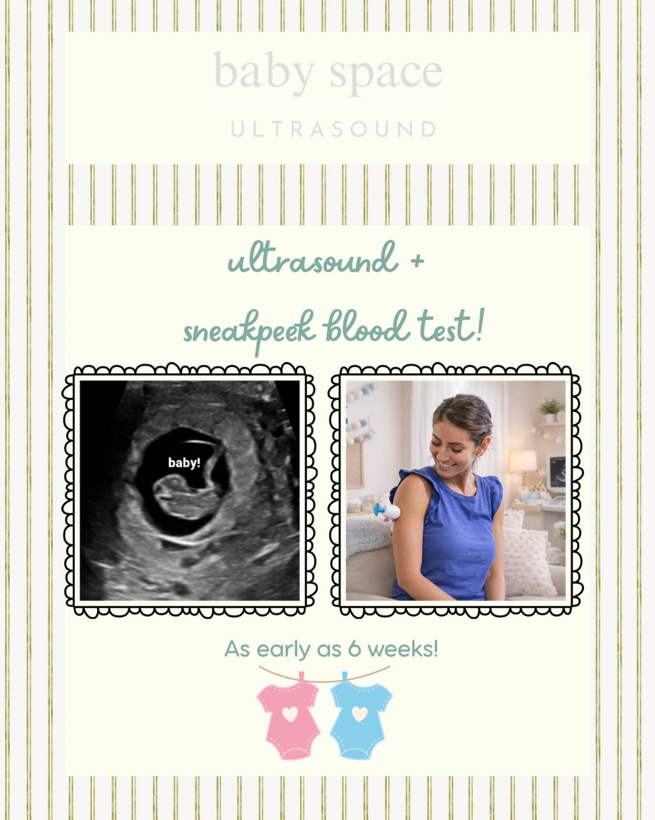 💖✨ SneakPeek + Ultrasound = The Perfect Combo! ✨💙

Thinking about finding out your baby&rsquo;s gender early?! We&rsquo;ve got you covered at Baby Space Ultrasound! 🤍

Our SneakPeek Clinical test + ultrasound session gives you that exciting early 
