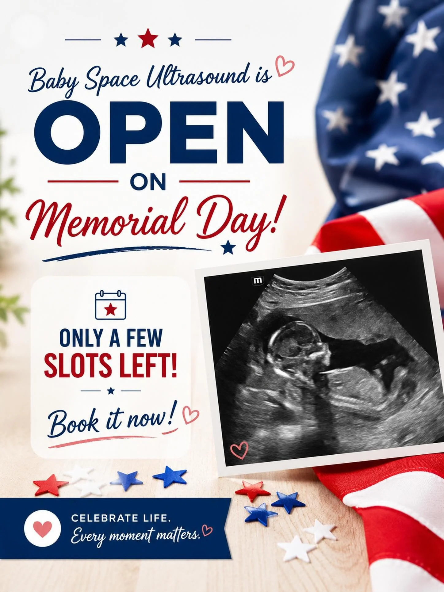 Hi everyone!! 
Baby Space Ultrasound is OPEN on Memorial Day tomorrow! 🇺🇸✨

Only a few appointment slots left! 
Come take a peek at your sweet baby. 🫶

Whether you&rsquo;re wanting a quick 2D peek or those precious 3D/4D baby face moments, we woul
