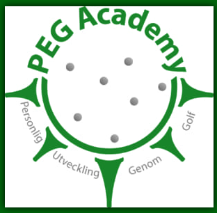 Logotyp för PEG Academy med grönt och vitt tema, omgiven av ord som Personlig utveckling, Golf och Genom.