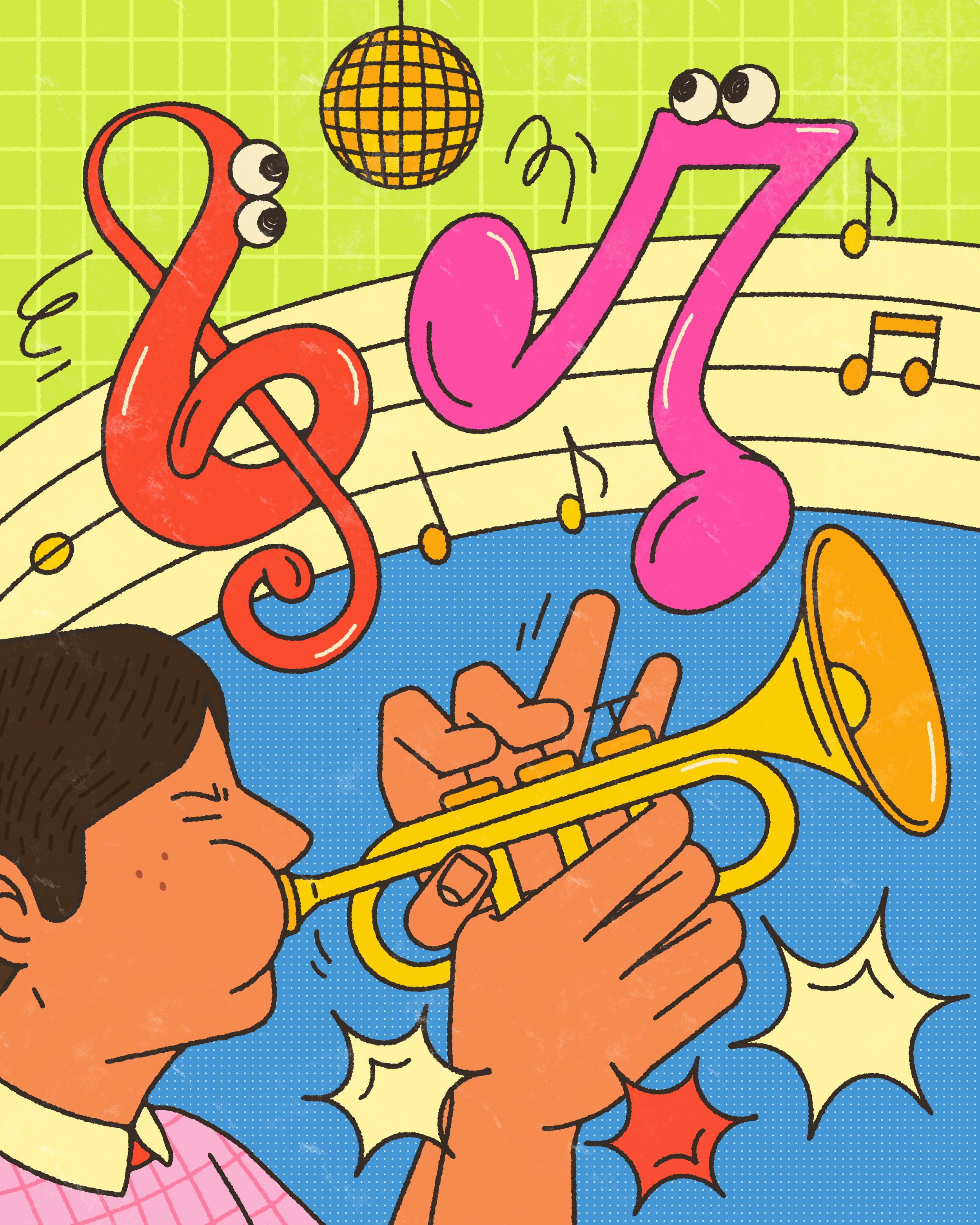 Editorial illustration of bold, expressive musical notes come to life alongside a trumpet player