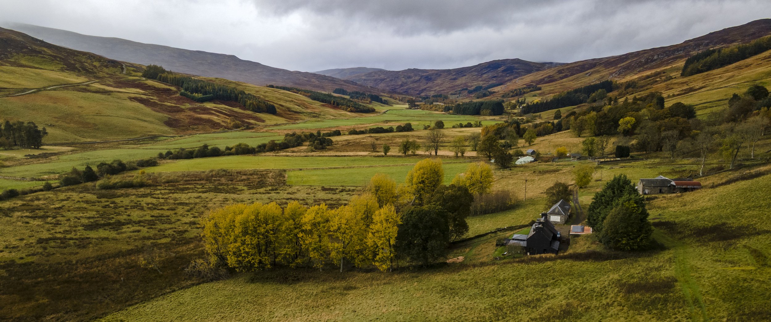 A scenic landscape of rolling hills with green and brown grass, scattered trees, and small farmhouses in a valley under a cloudy sky.