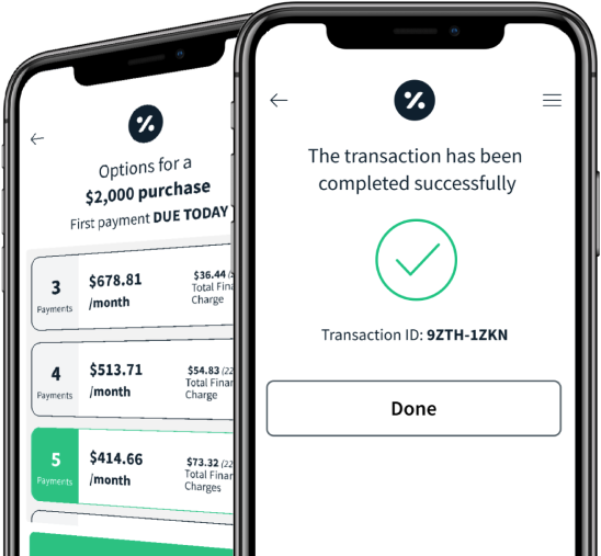 Smartphone screens displaying a successful transaction confirmation and payment options for a $2,000 purchase with multiple payment plan choices.