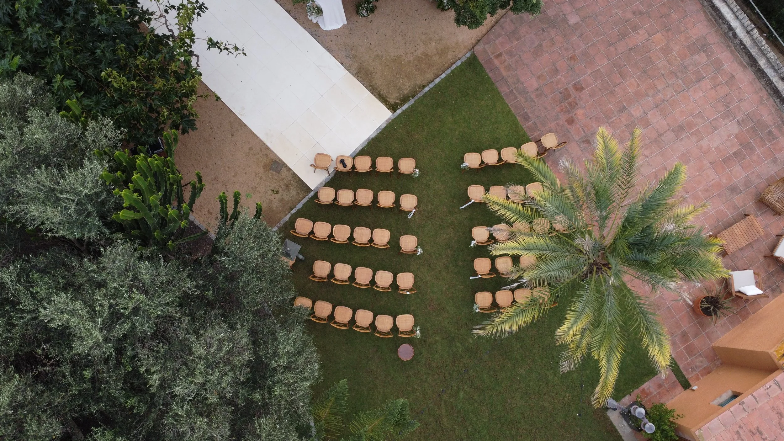 An overhead view of an outdoor patio with neatly arranged chairs, a large palm tree in the center, and surrounding greenery, suggesting a setting for an outdoor event or gathering.