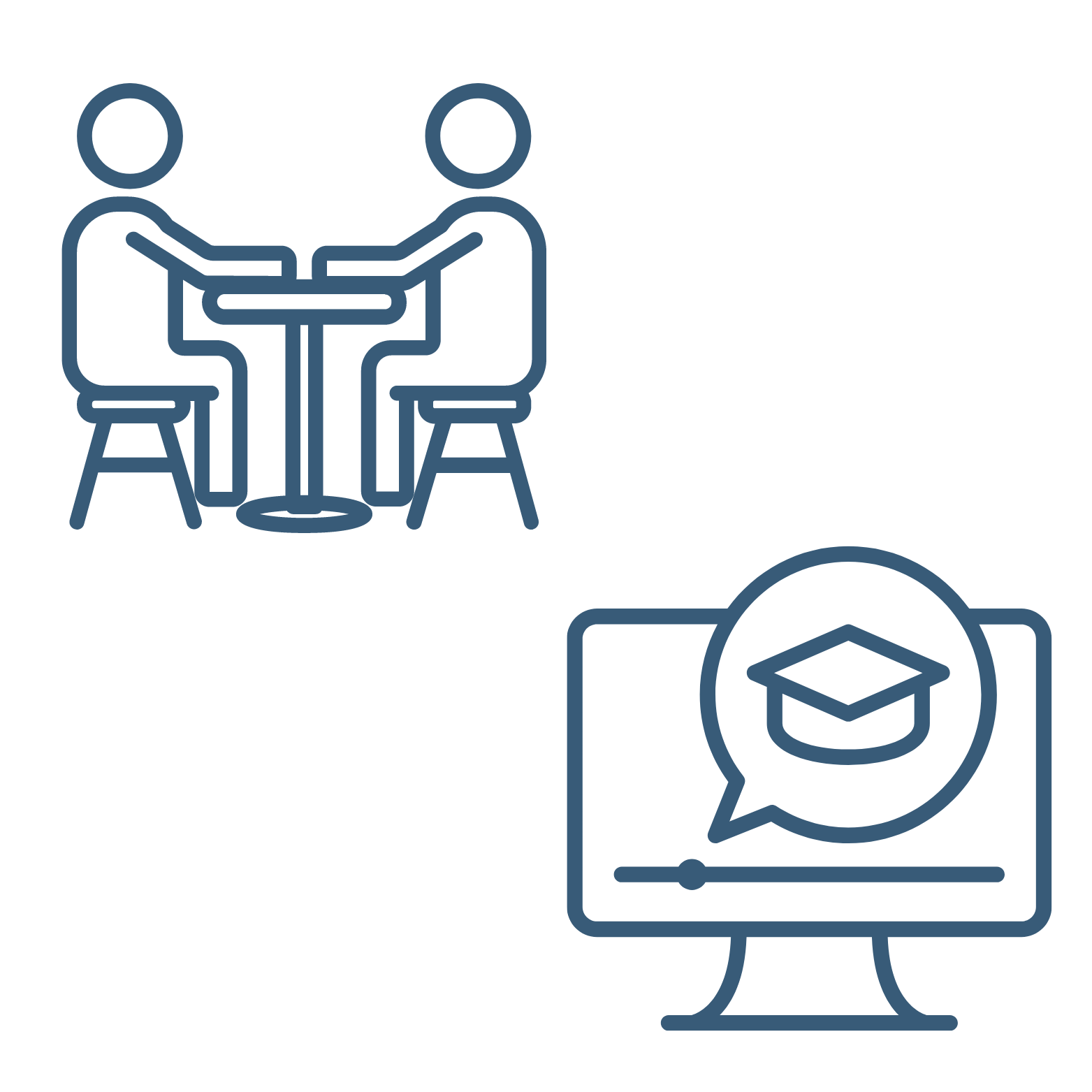 Deux icônes illustrant l'apprentissage en ligne : une de deux personnes discutant autour d'une table, et une de l'éducation en ligne avec un enseignant sur un écran d'ordinateur.