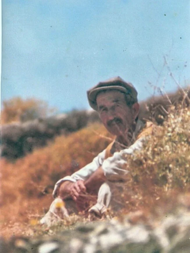 &ldquo;Uncle Nikos Marinakis.
Long before Spina, this field was his.
The photo &mdash; taken in Ampeli decades ago &mdash; carries the scent of summer dust and the sound of cicadas.
I imagine him crossing the road with the sun low on the horizon, wat