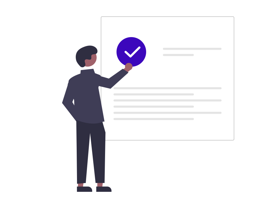 Illustration of a person marking a checklist on a document, representing policy review and practical actions for inclusion.
