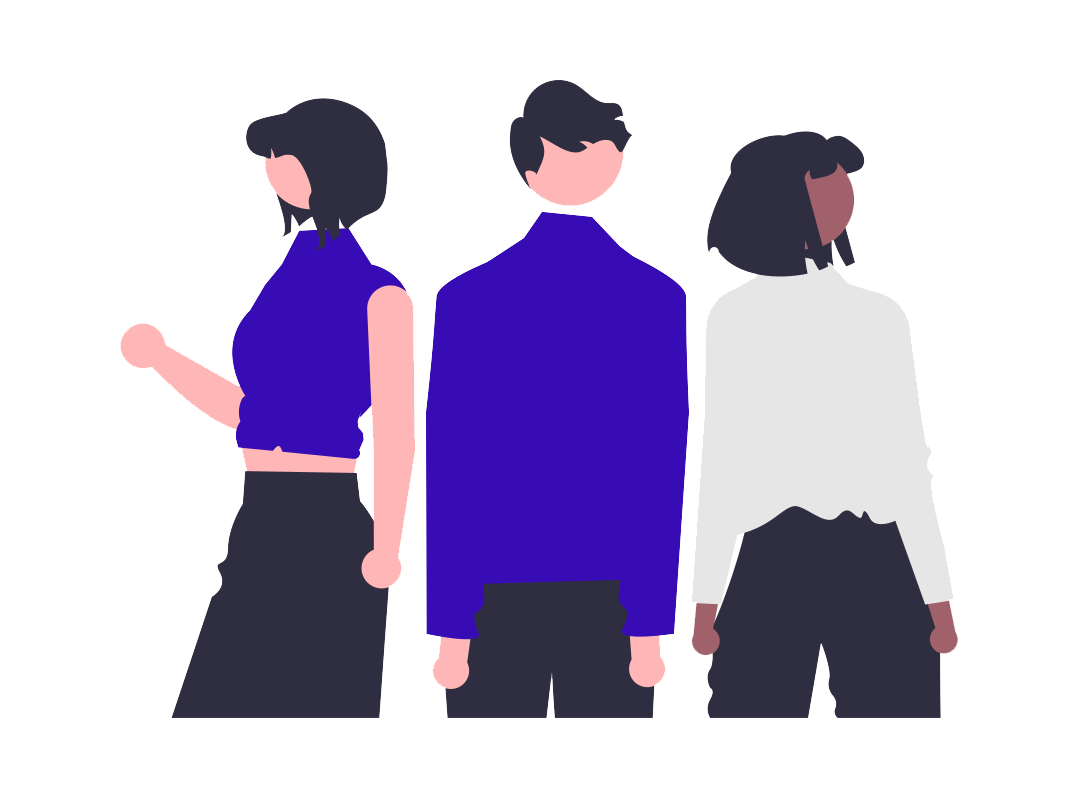 Illustration of three people standing together, representing diverse voices, inclusion, and belonging at work.