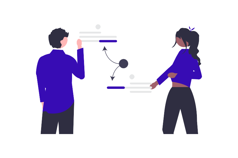 Illustration of two people exchanging ideas with arrows and text lines, representing collaboration and solutions in workplace culture.