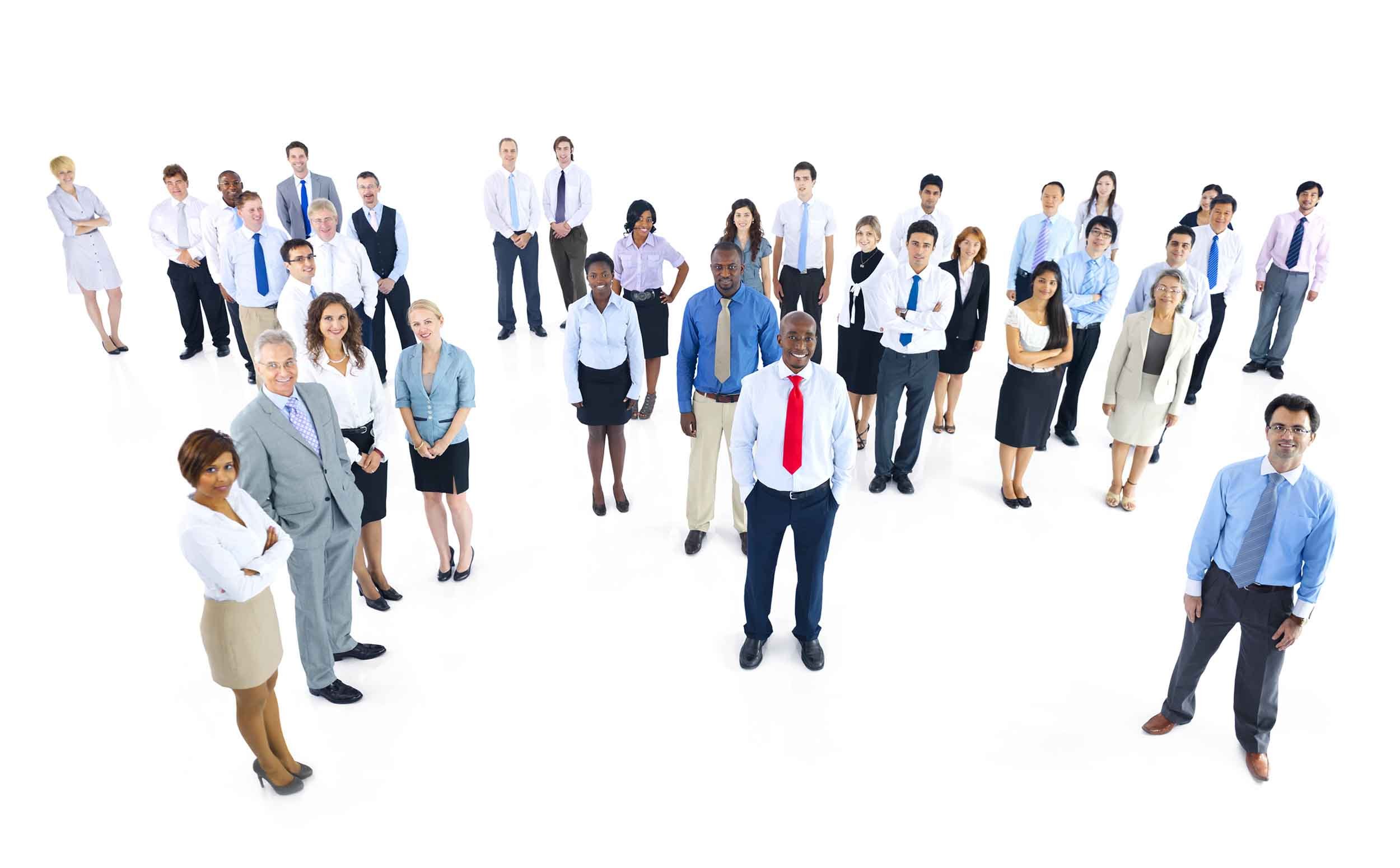 Large group of professionals standing together on a white background, representing diverse teams and inclusive workplaces.
