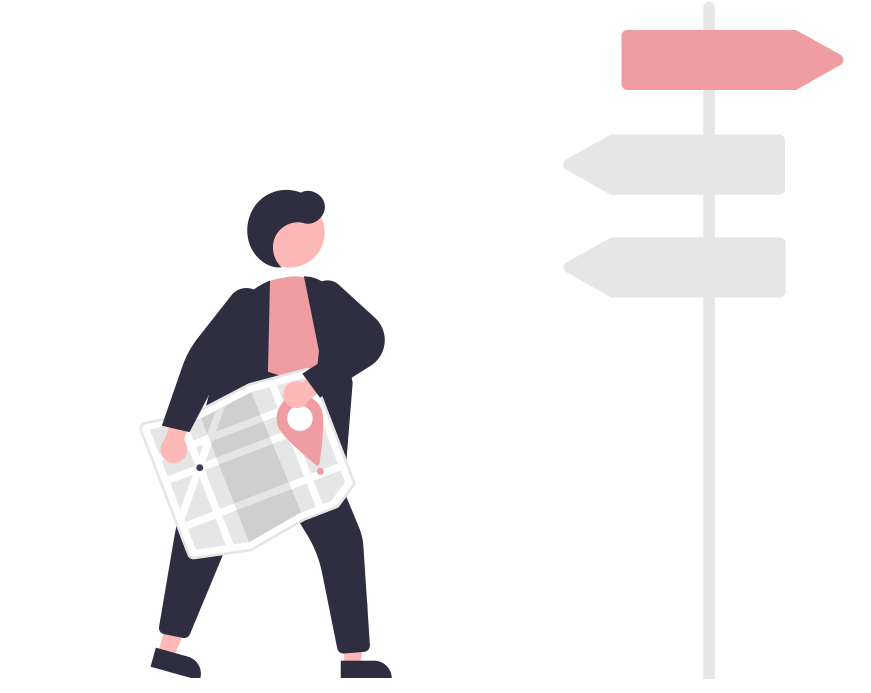 Illustration of a person holding a map beside a signpost, representing navigating choices and direction in inclusive leadership.