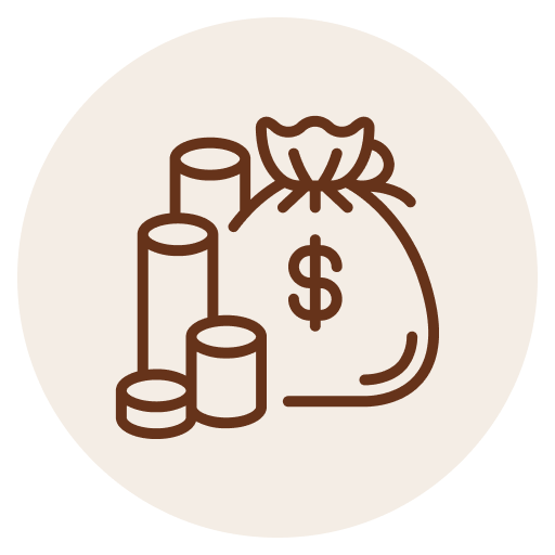 Outline of a money bag with a dollar sign, and stacks of coins.