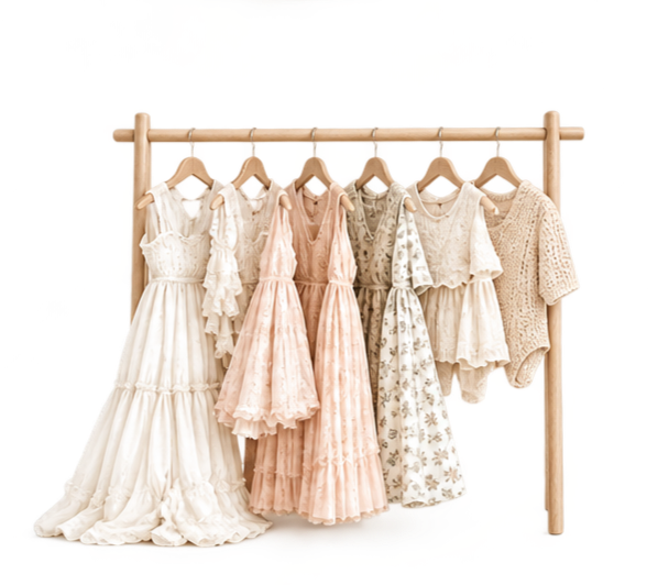 Illustration of a curated neutral client wardrobe for family photography sessions.