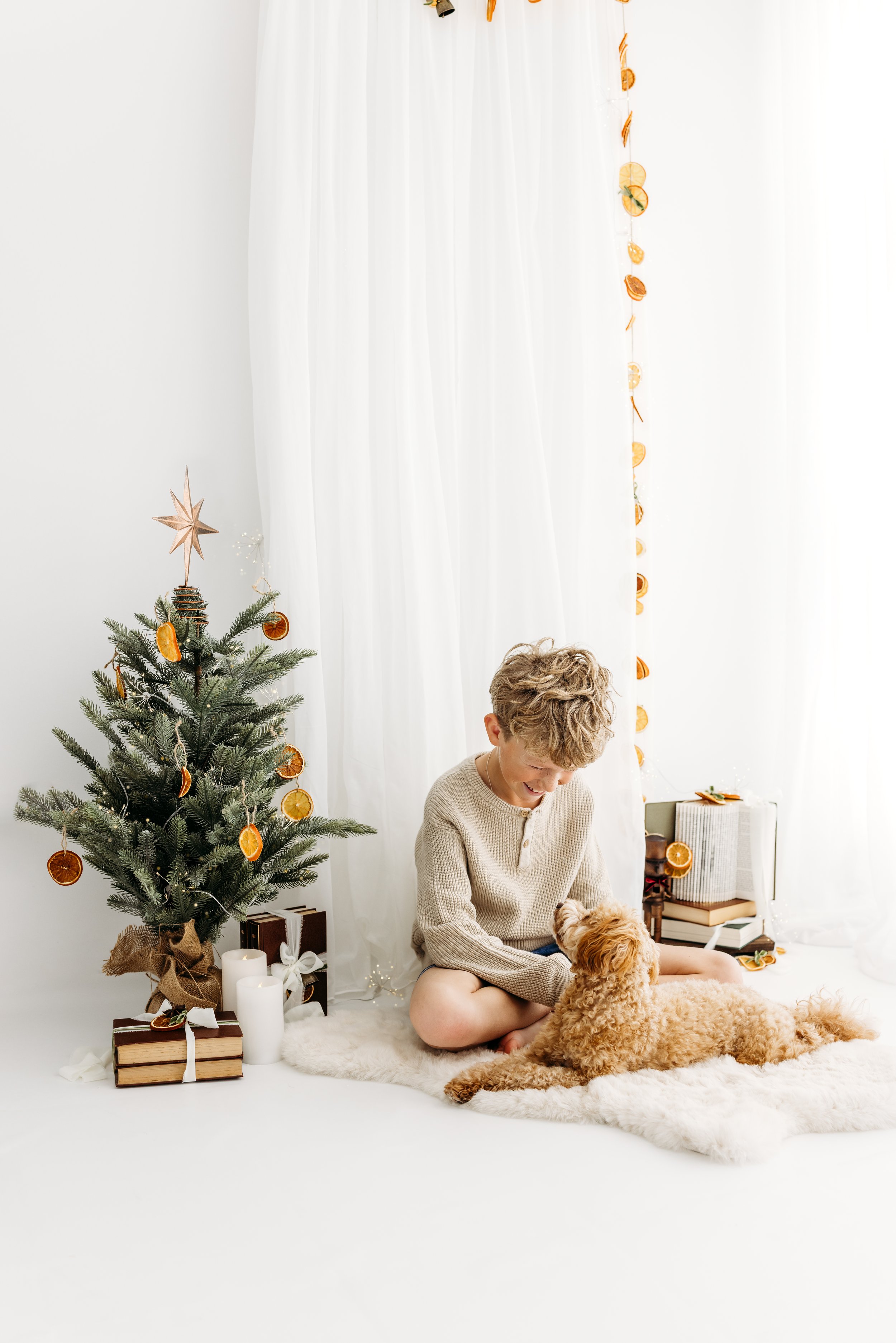 Christmas mini photography session with warm lights and dried orange decorations