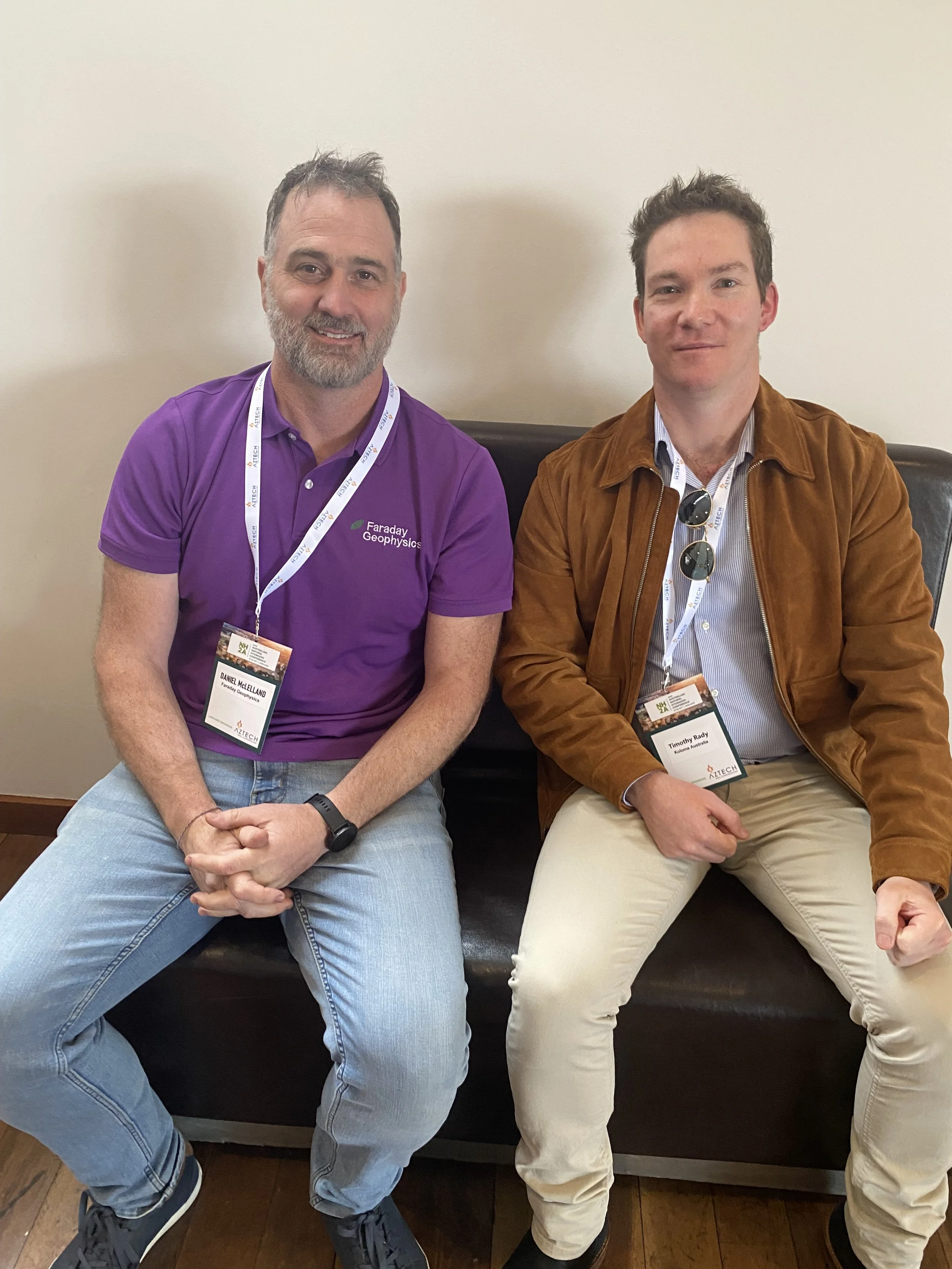 Daniel McLelland (Faraday Geophysics, left) and Timothy Rady (Koloma Australia) reflect on the first conference sessions.