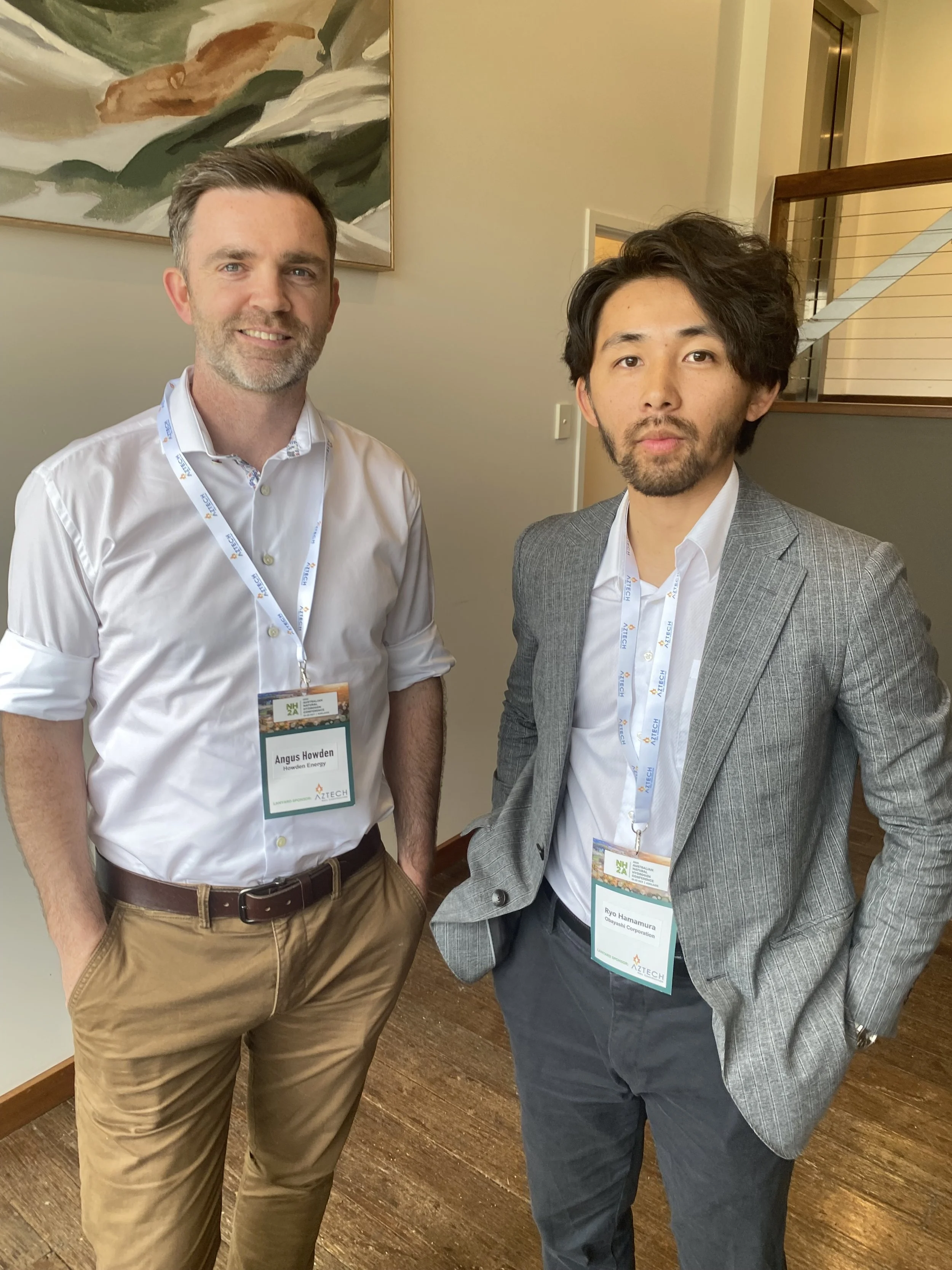Angus Howden (Howden Energy, left) and Ryo Hamamura (Obayashi Corporation) enjoy lunch break on day one.