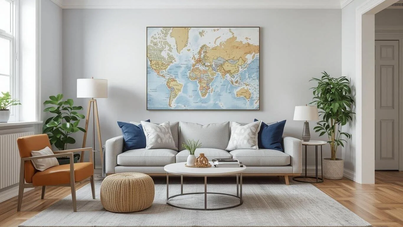 Living Room with Map Wall Art